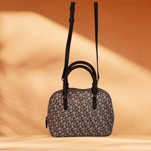 DKNY Catherine Dome Satchel Brown Black Monogram Logo Shoulder crossbody bag~NEW